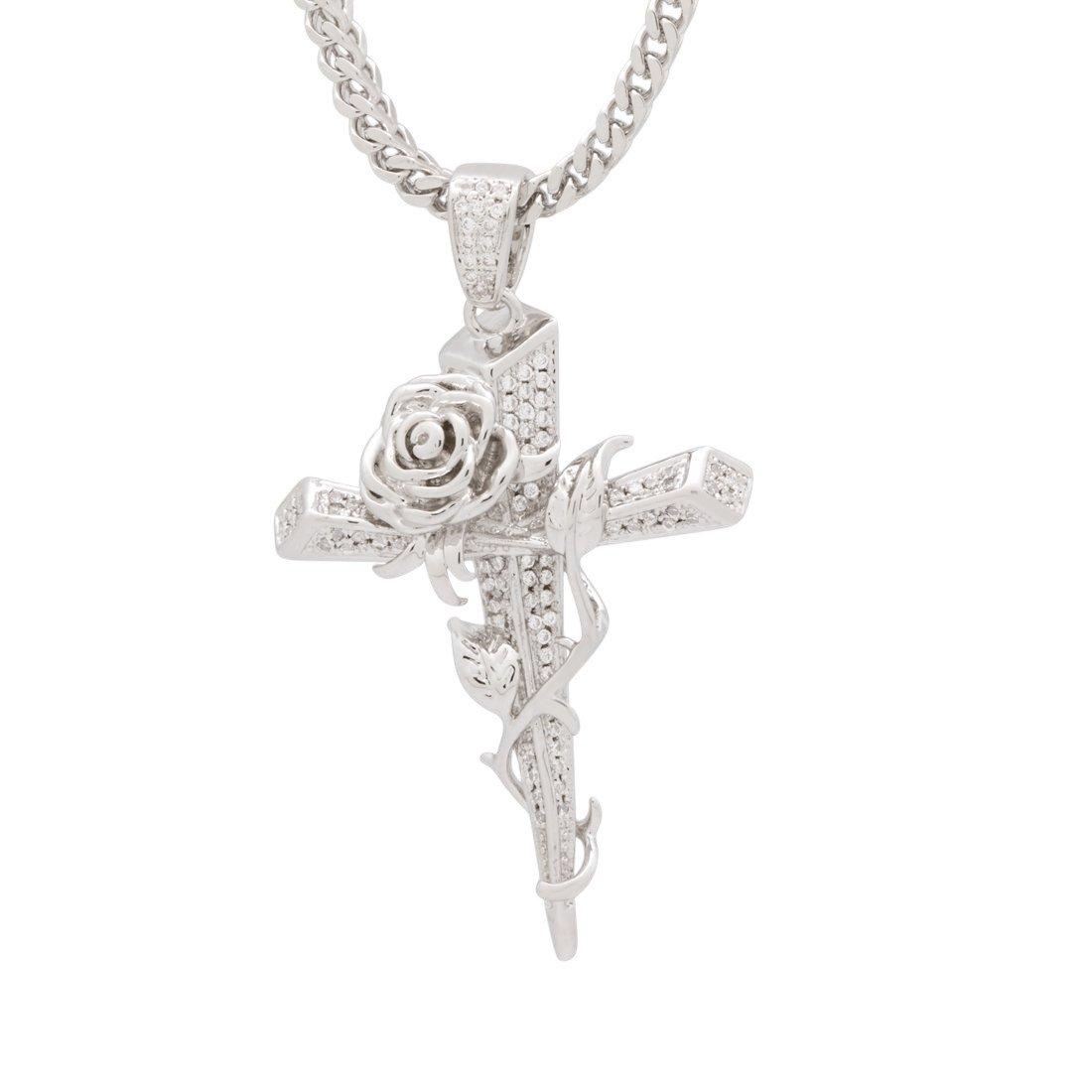 King Ice Rose Thorned Cross Necklace - White Gold - WHITE GOLD